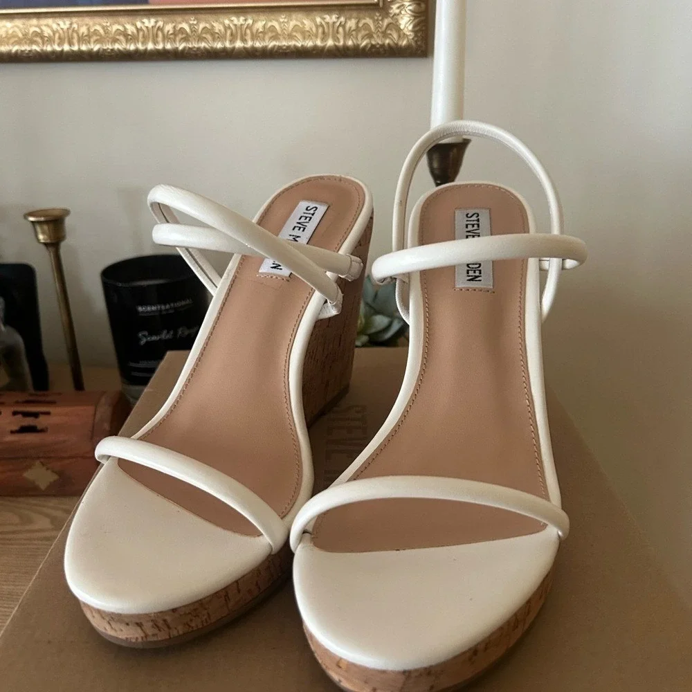 Steve Madden Udell‎ Leather Slip On Cork Wedge Slingback Sandals White NEW 9.5